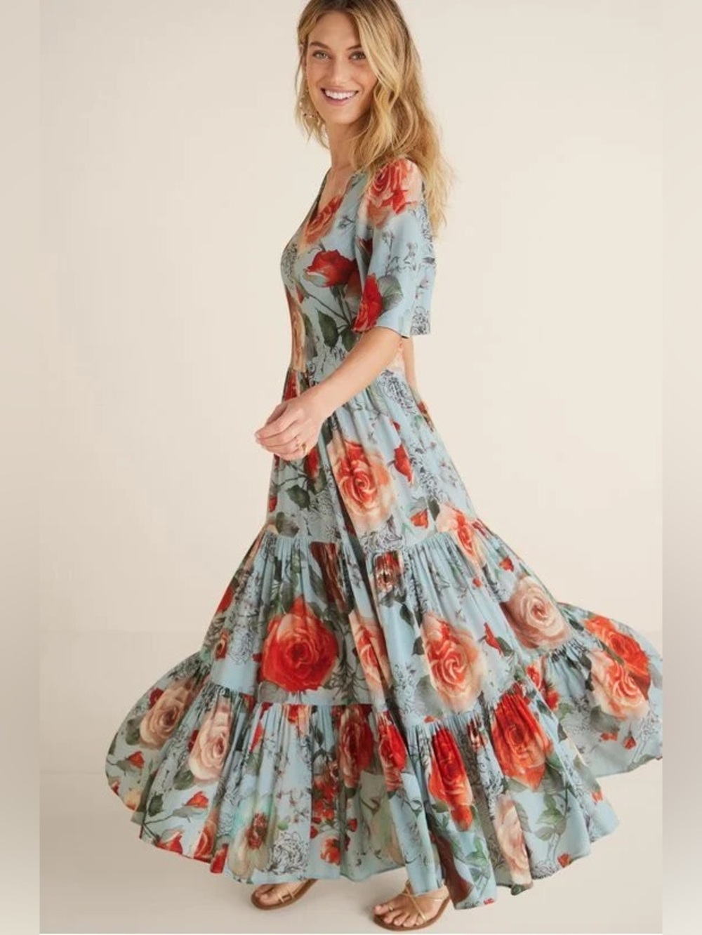 Soft Surroundings Blue Floral Tiered First Blooms Maxi Dress Size Large - Picture 14 of 14